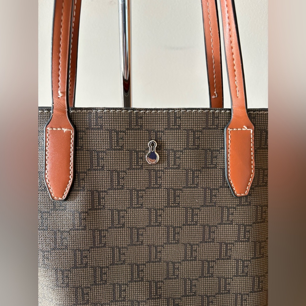 London Fog Tan and Dark Gray Logo “Tweed” Tote Bag with Structured Design.